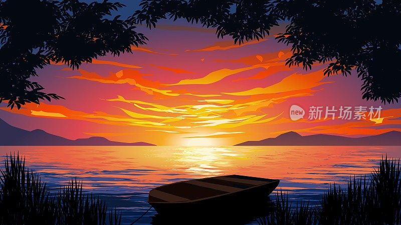 美丽的湖上戏剧性的日落景色
