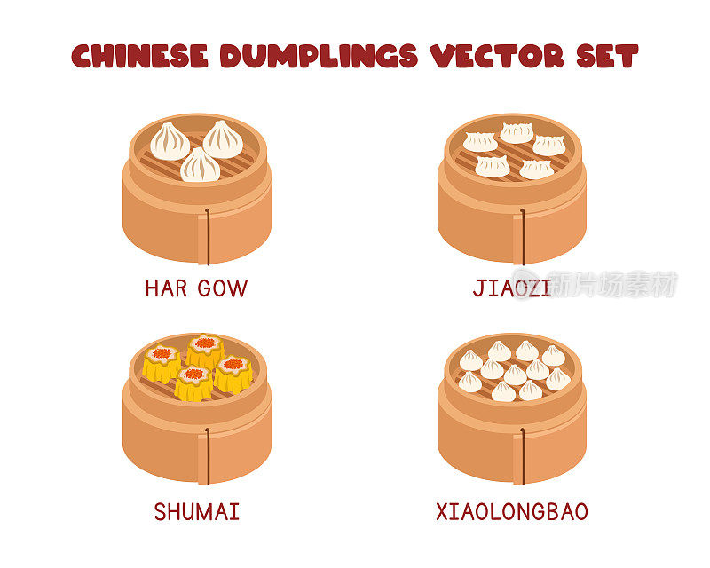 套中国饺子在竹蒸笼矢量设计插图，剪纸漫画风格。虾饺，点心，饺子，小笼包。亚洲食物