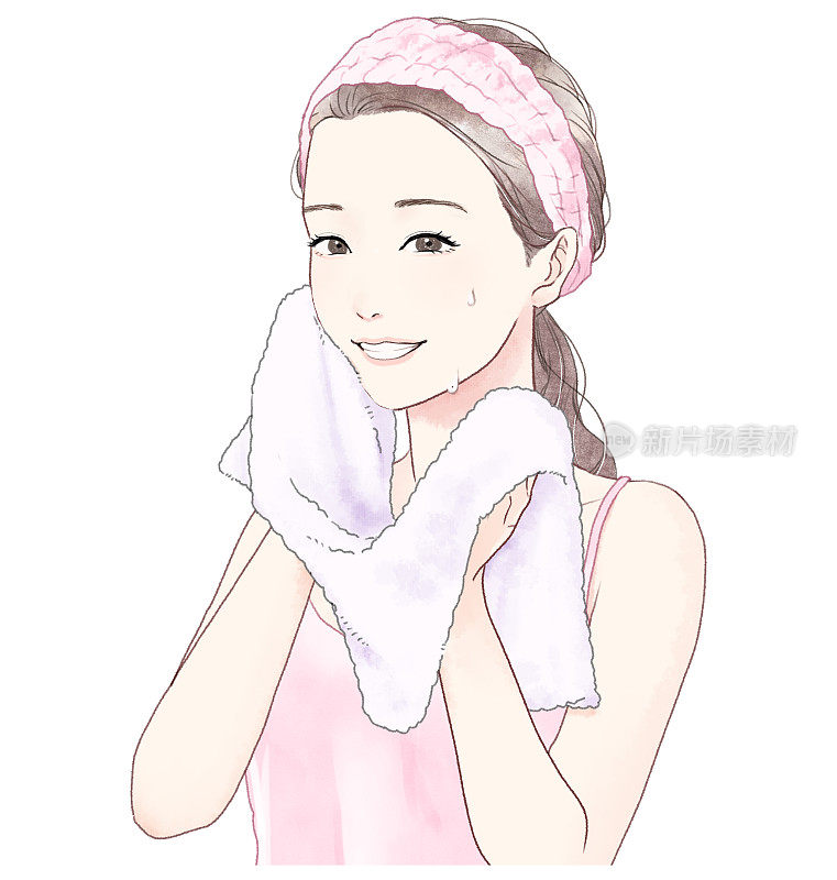 一个女人用毛巾擦脸的插图。