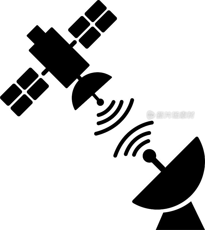 卫星向卫星天线发送数据，白色背景上有卫星图标。广播象形矢量插图