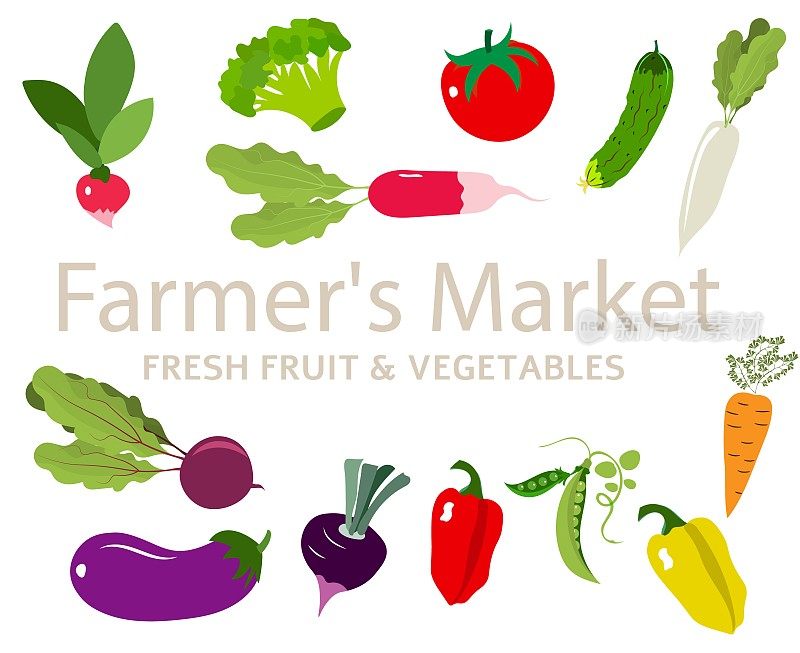 农贸市场海报。灰色铭文之间的新鲜明亮的蔬菜。农贸市场海报集。矢量横幅模板为当地食品博览会。新鲜有机农产品