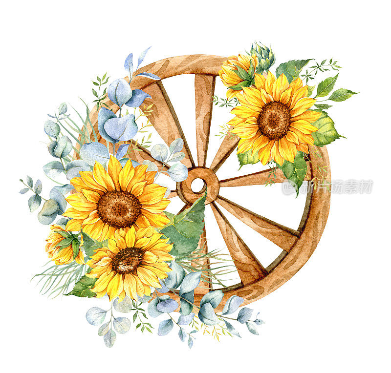 木轮与水彩向日葵，手绘向日葵花束与绿色植物，向日葵插花。向日葵农舍装饰。
