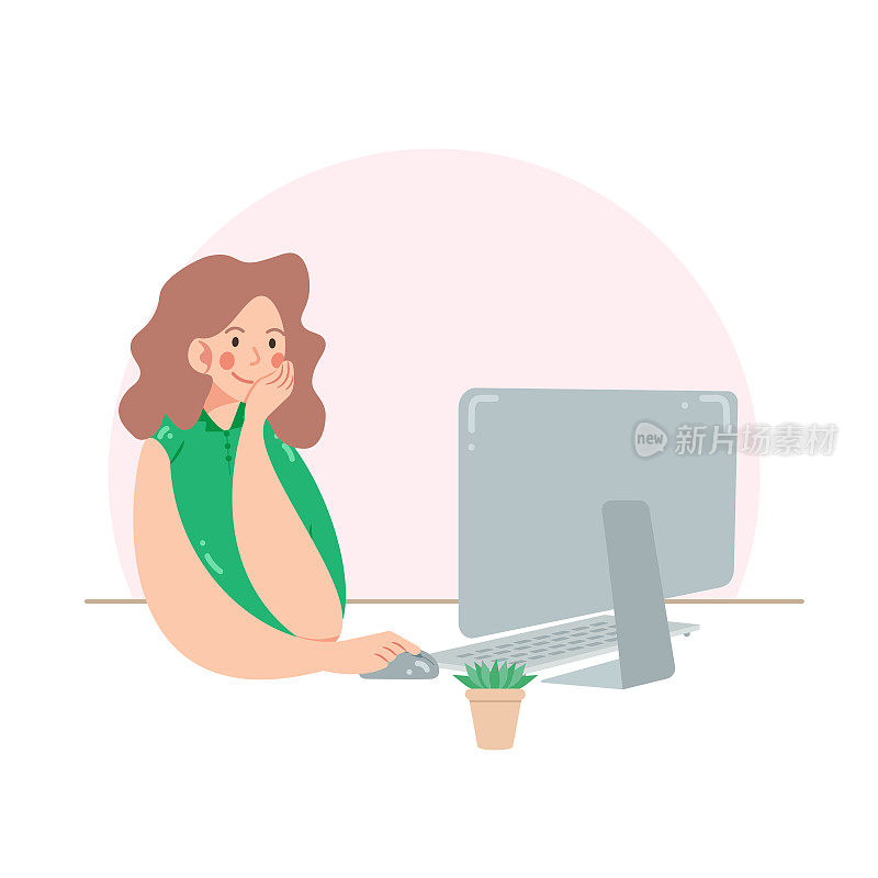 年轻女子在电脑前工作。自由职业者或上班族坐在电脑前，花在花盆里。女孩在思考，微笑着工作的乐趣