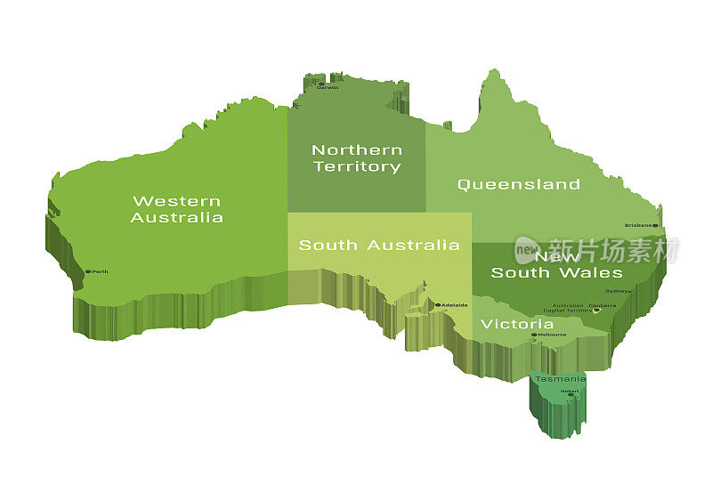 澳大利亚3d(等距)地图由各州着色