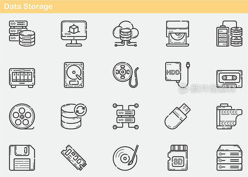 数据存储，虚拟机，Raid驱动器，SD卡，USB驱动器，云存储，硬盘驱动器，软盘，网络连接存储，服务器，数据库，备份图标集，大纲，平面线图标