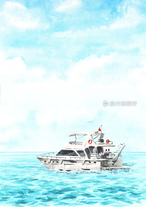 海上小船，游艇上的海浪和蓝天。手绘水彩插图孤立的白色背景