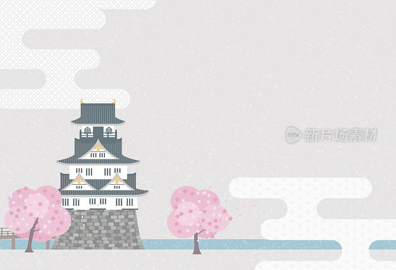 背景插图的日本古堡和春天的樱桃树和雾霾