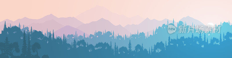 幻想主题上的清晨景观，日出在山上，混交森林，全景