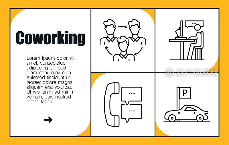 共同工作线图标集和横幅设计。计算机、商务、策划、办公