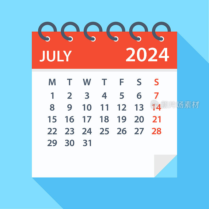 2024年7月――日历。一周从周一开始