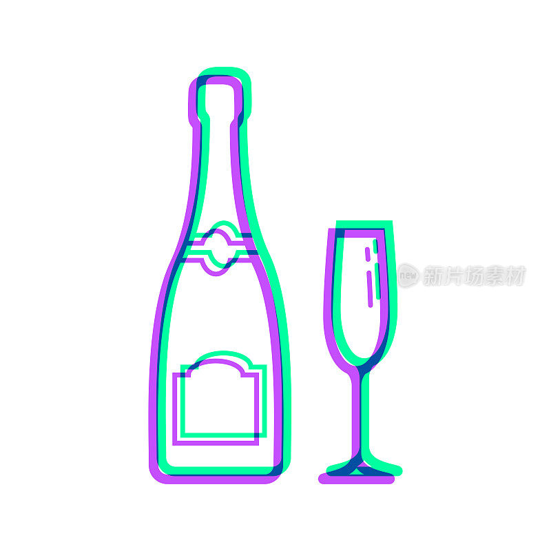 香槟酒瓶和酒杯。图标与两种颜色叠加在白色背景上