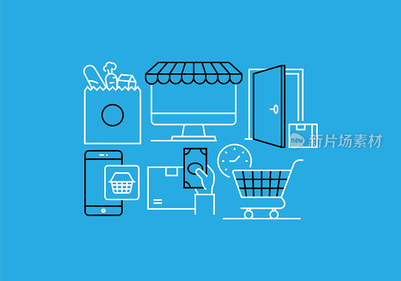 互联网杂货相关线横幅设计。网上购物,移动应用程序,送货,方便付款。