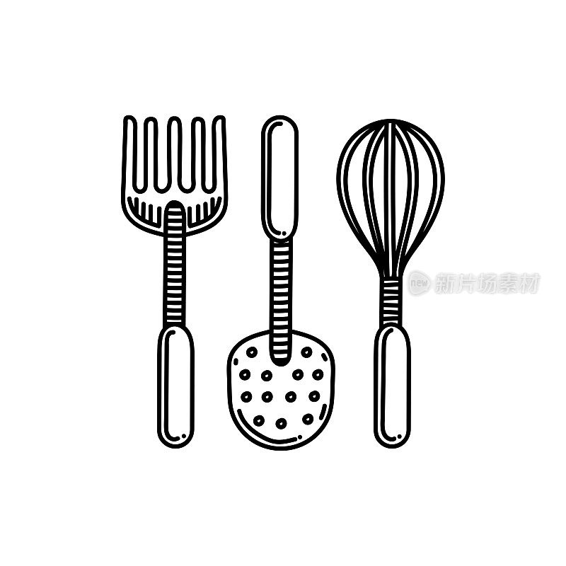 炊具线图标，草图设计，像素完美，可编辑的笔触。标志、标志、符号。厨房。