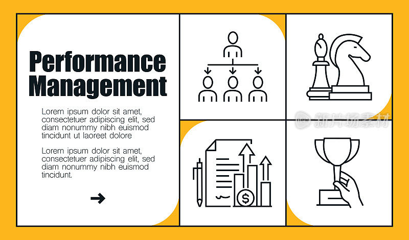 性能管理线图标集和横幅设计。设计是可编辑的，颜色可以改变。矢量创意图标集:实力，改进，发展，业务，互联网，运行，效率，进步