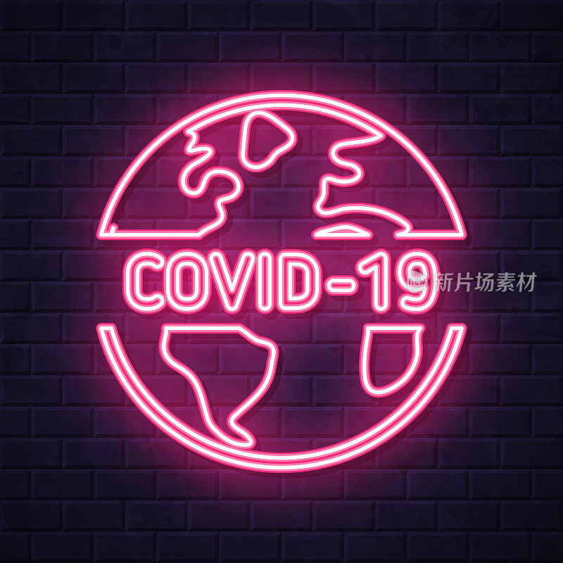 COVID-19在地球上。在砖墙背景上发光的霓虹灯图标