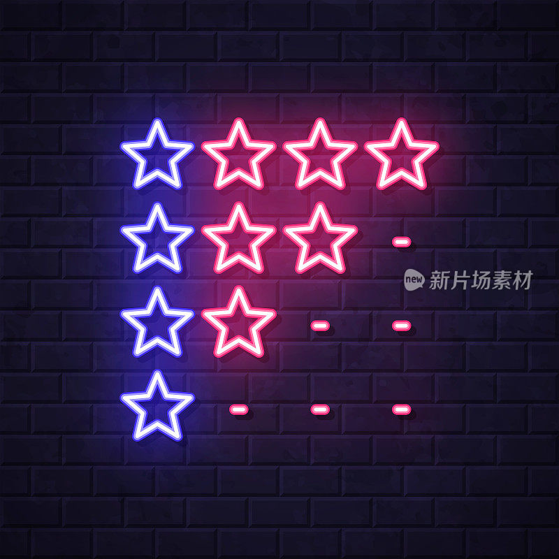 星评级。在砖墙背景上发光的霓虹灯图标
