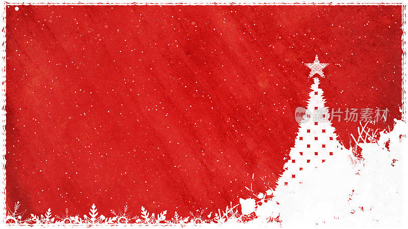 有创意的暗红色或栗色背景，上面有一棵白色的涂鸦圣诞树，圣诞树顶部有一颗明亮的星星，地上到处都是雪花，星星和闪闪发光的背景和飞溅的油漆