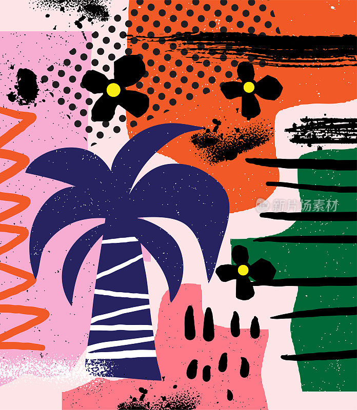 大自然启发的抽象数字拼贴艺术，热带棕榈树和花朵用画笔，墨渍和污迹，颗粒状纹理。墙艺术