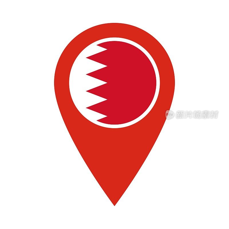 精确矢量图标与巴林国旗隔离在白色背景上。地图指针符号的网站，gps导航，应用程序。平面设计中的插图。位置标记。地图上的地理位置标记。
