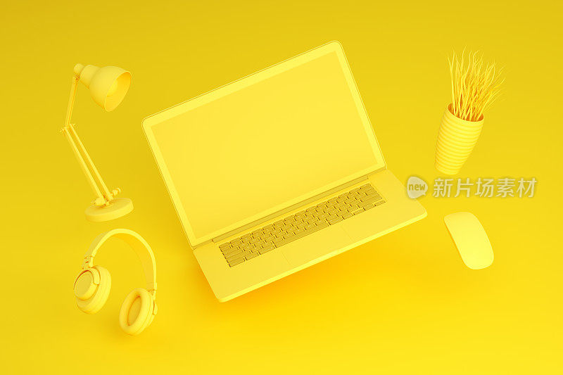 飞行空屏幕笔记本电脑在黄色背景，零重力