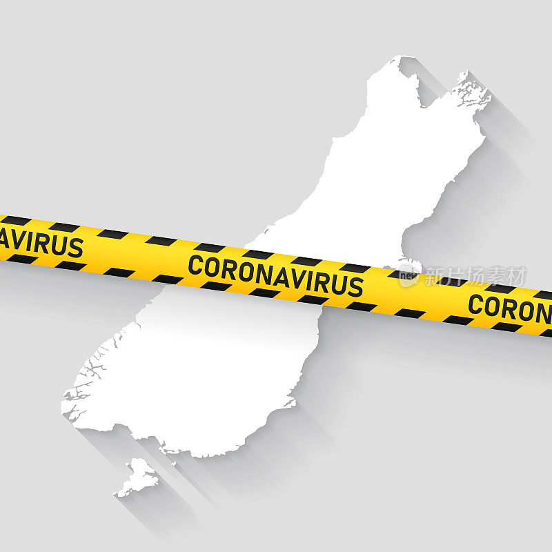 带有冠状病毒警告胶带的南岛地图。Covid-19爆发