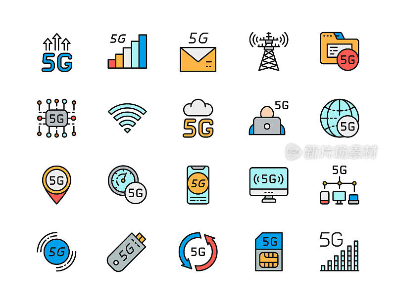一套5G互联网单色线图标。网络信号、快速信息服务、数据库、无线芯片等。