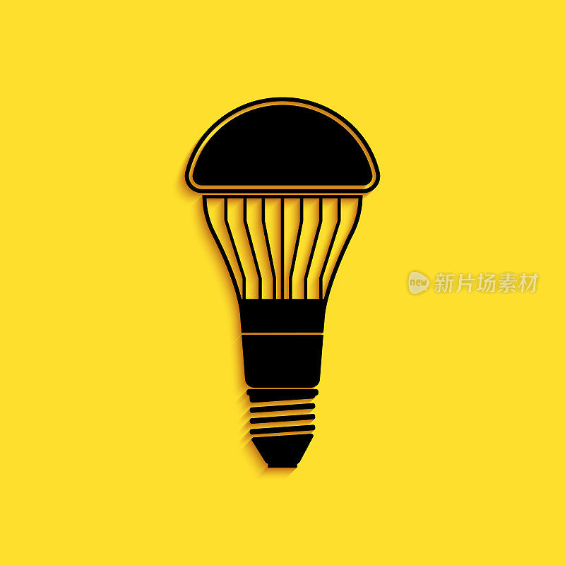 黑色LED灯泡图标孤立在黄色背景。经济型LED照明灯泡。节约能源灯。长长的阴影风格。向量