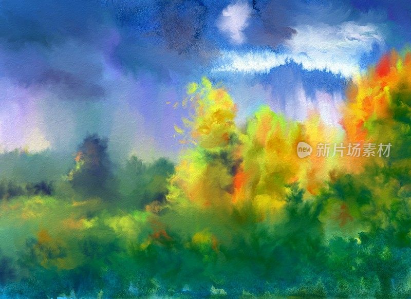 雨季，童话般的秋天风景油画