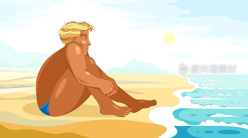 帅哥在海边沙滩上平静的放松和休息，帅哥在大自然上迷人的可爱。