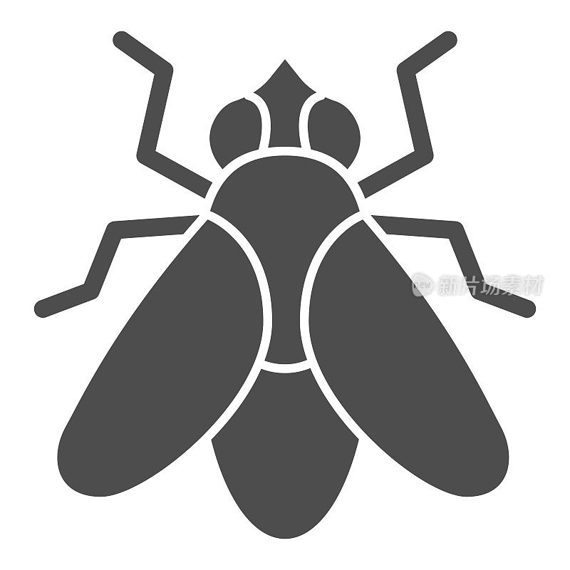苍蝇固体图标，昆虫概念，苍蝇昆虫标志在白色背景，苍蝇剪影图标在象形风格的移动概念和网页设计。矢量图形。