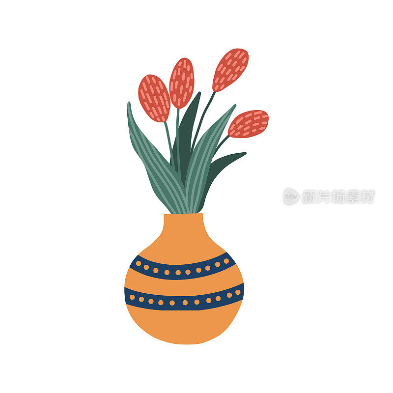花瓶里的春花。手绘郁金香在平面风格。红色郁金香花束。在白色背景上隔离