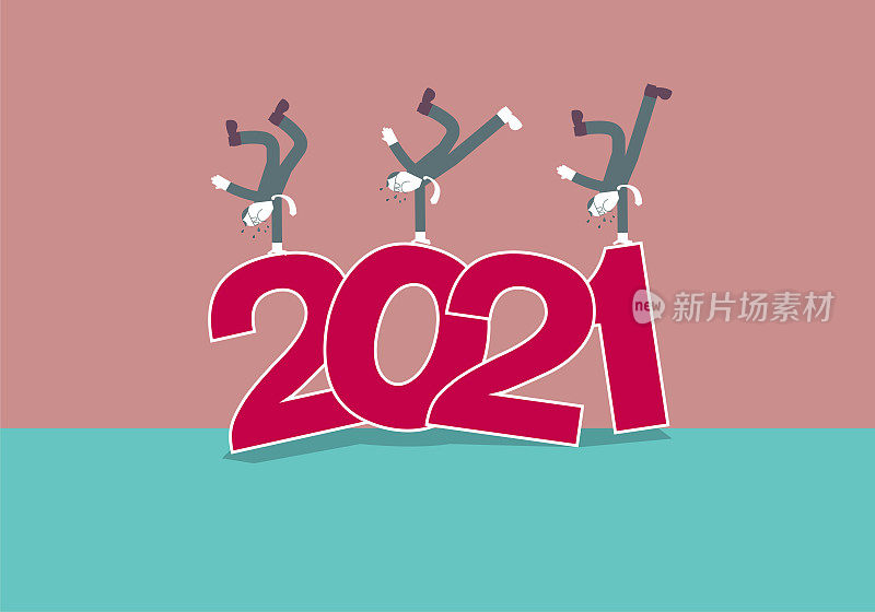 2021新年元素设计，三个男人在“2021”上跳街舞。