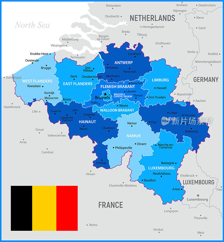 比利时国旗地图。矢量蓝色插图与地区和首都城市