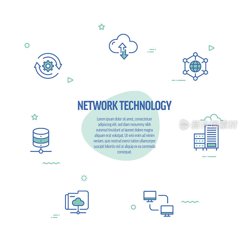 网络技术相关的线路图标。现代线条风格设计元素。
