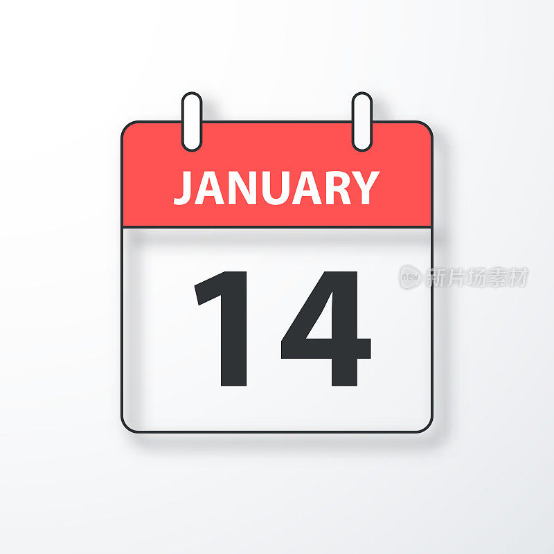 1月14日-每日日历-黑色大纲与阴影在白色背景