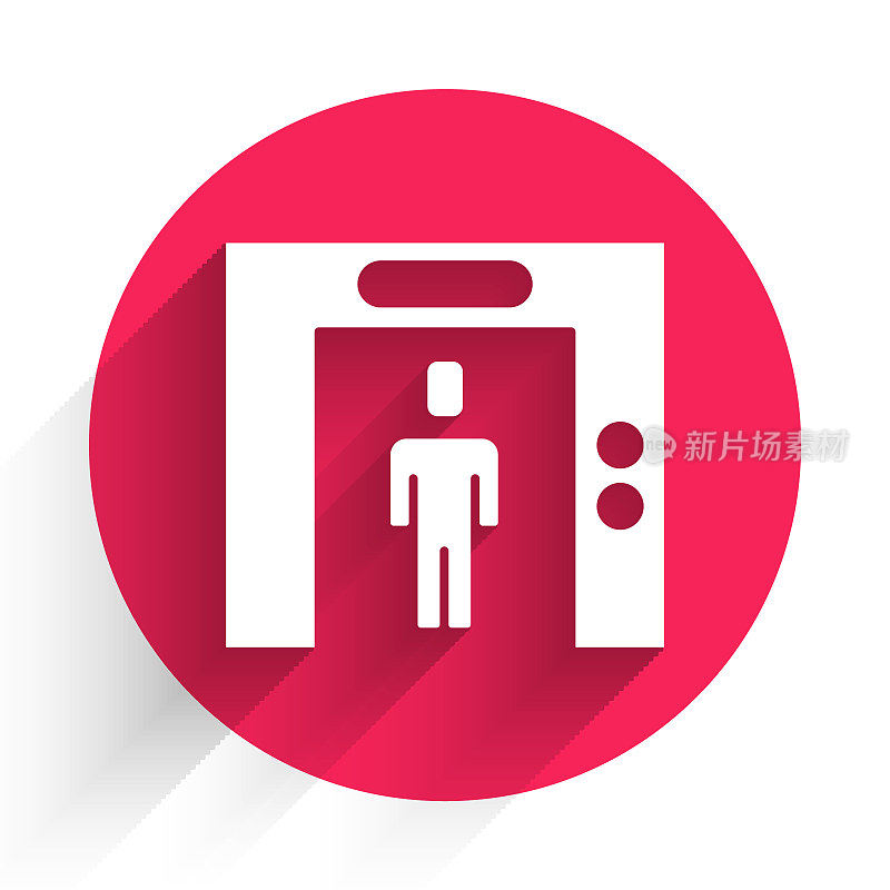 白色升降机图标孤立与长影子。电梯的象征。红色圆圈按钮。向量
