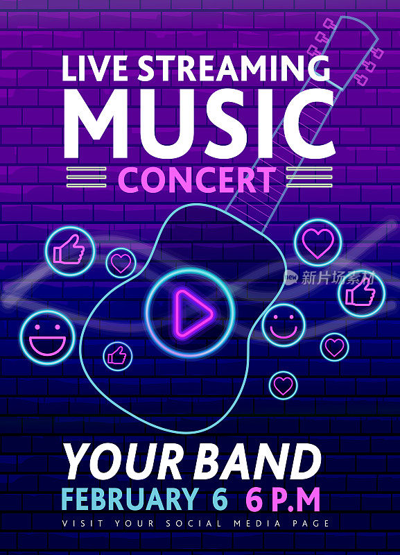 现场流媒体音乐霓虹标志音乐会社交媒体横幅设计与吉他和播放按钮概念上的紫色砖墙