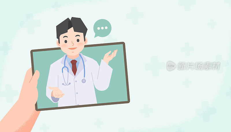 一个手持平板看到亚洲男子医生在线视频电话连接医院咨询或诊断从远处的地方空白横幅插图向量。卫生保健的概念。