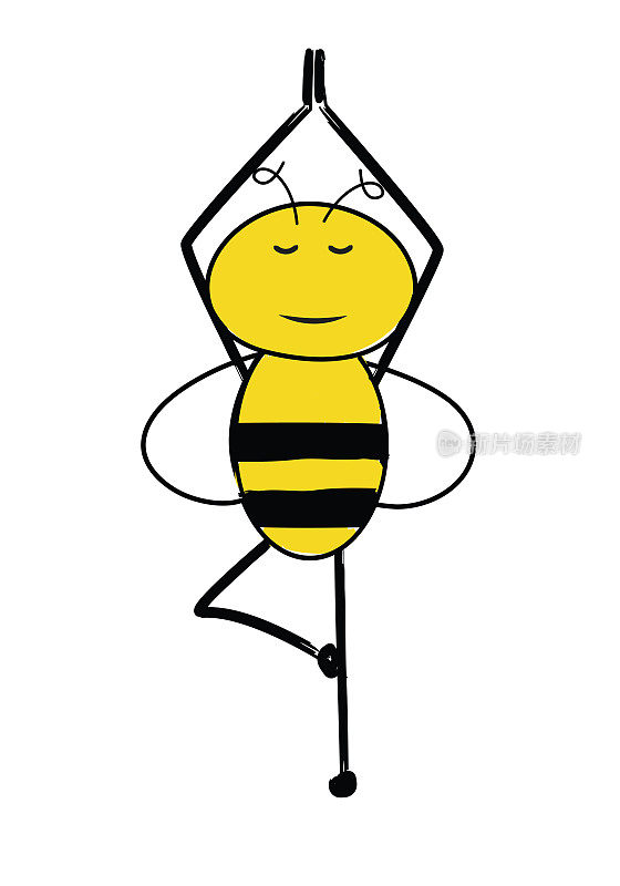 卡通可爱的蜜蜂站在一只脚上沉思。安静的蜜蜂，瑜伽姿势
