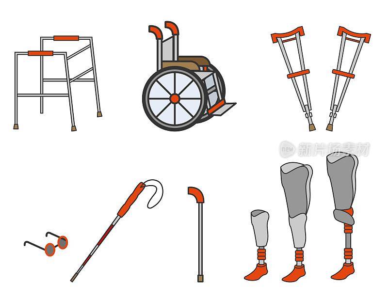 Disabilty,无效。的图标集。轮椅，护理，残疾人，社会康复，盲人，棍棒，假肢。矢量插图。
