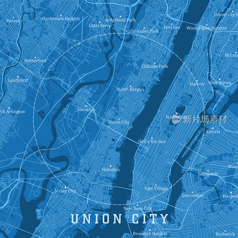 联合城市NJ城市矢量道路地图蓝色文本