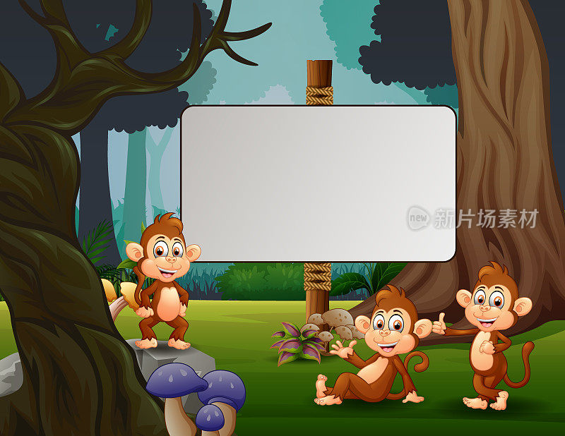 卡通中的三只猴子在公园里玩耍