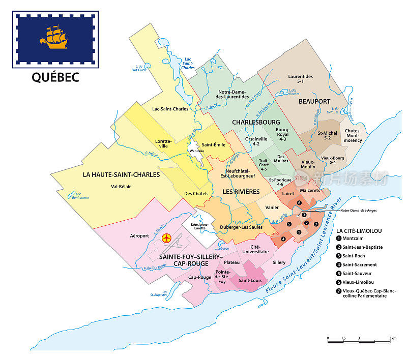 加拿大首都魁北克的行政矢量地图，加拿大