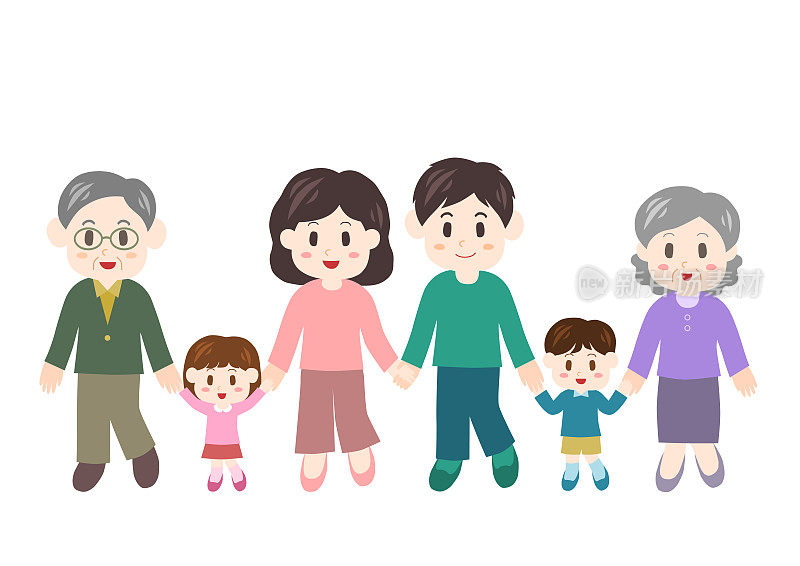 家庭的矢量插图。父亲，母亲，孩子，祖父，祖母。手拉手走路。