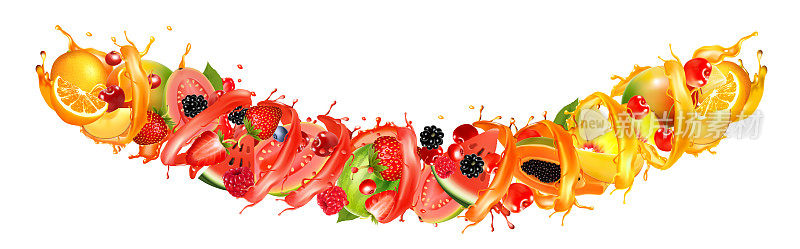 水果果汁飞溅全景图。草莓，覆盆子，蓝莓，黑莓，橘子，番石榴，西瓜，菠萝，芒果，桃子。向量。
