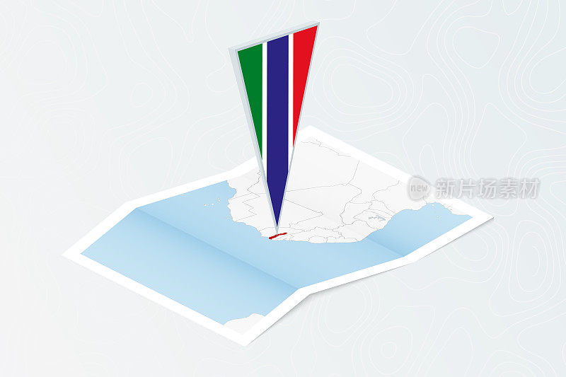 冈比亚等距纸地图，上面绘有冈比亚等距三角旗。地形图背景图。