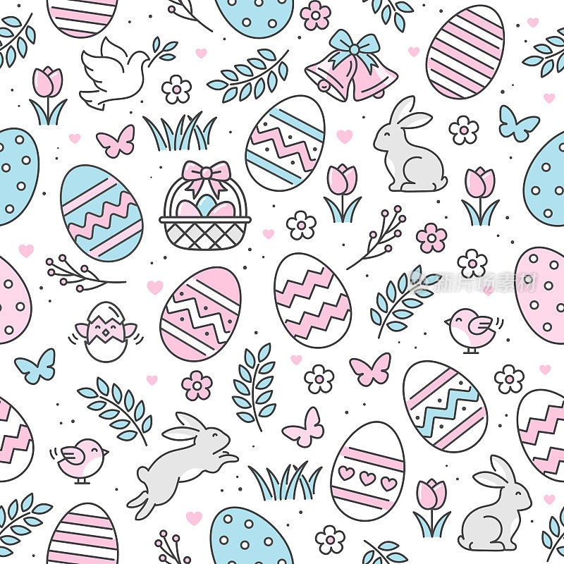 复活节无缝图案图标与彩色的蛋，花，兔子和蝴蝶。