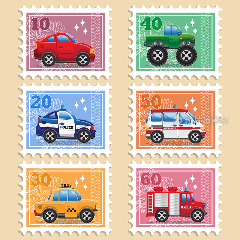 描绘各种汽车的邮票。