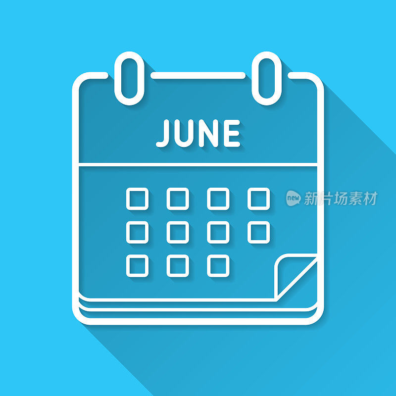 6月日历。图标在蓝色背景-平面设计与长阴影