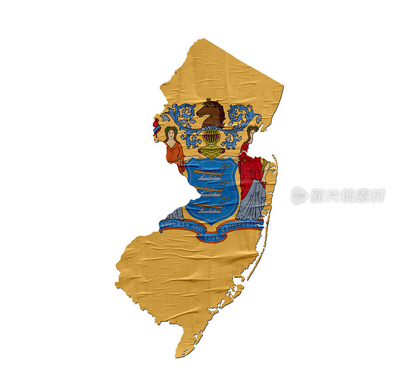 美国新泽西州地图与旗帜上的旧纸设计